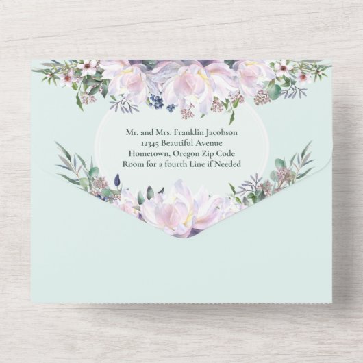 Pioen Tuin Mint Groen All-in-One Trouw Uitnodiging (Achterkant)