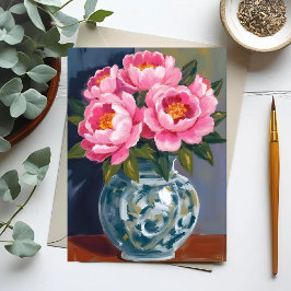 Pioen Vaas | Roze Bloem Pioenrozen Waterverf Briefkaart