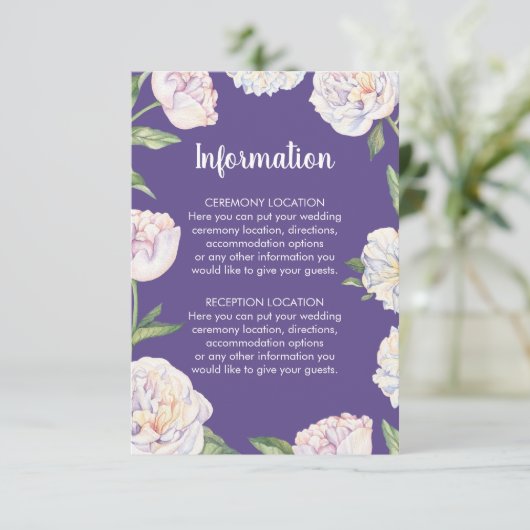 Pioen Violet Paarse Bruiloft Informatie Kaarten (Staand voorkant)