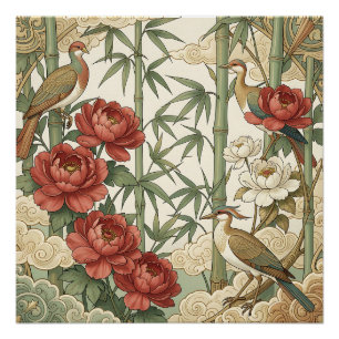 Pioen Vogels Bamboe Oriëntaalse Tuin Scene Perfect Poster