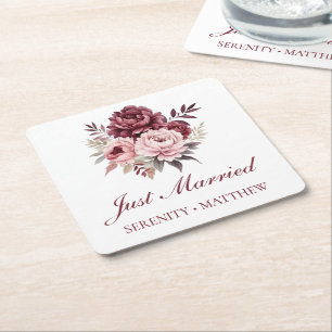 Pioen Waterverf Bloem Just Married Trouwen Kartonnen Onderzetters
