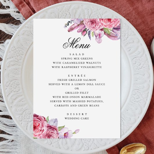 Pioen. Waterverf roze boho bloementuin bruiloft Menu
