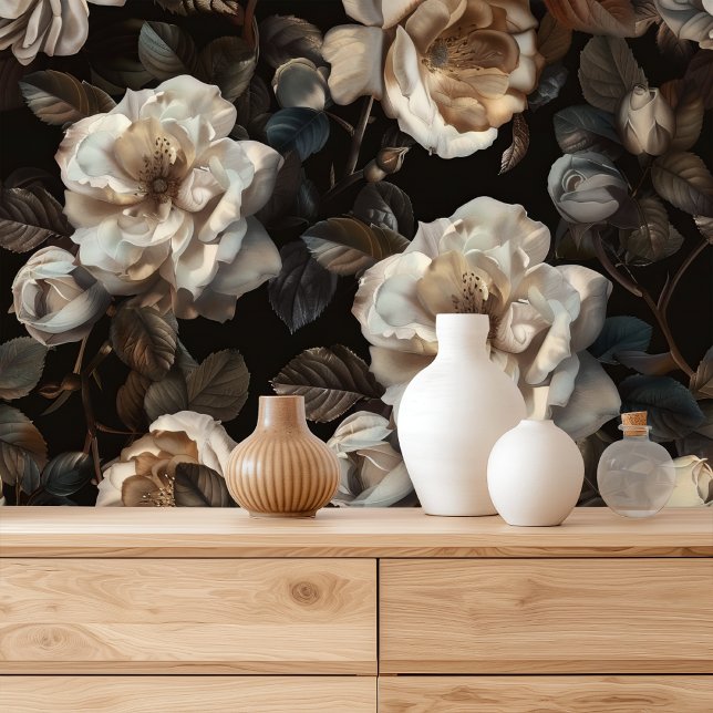 Pioen wit donker bloemig behang (Creator heeft geüpload)