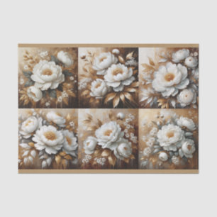 Pioen Wit en Goud Olie Schildering Decoupage Tissuepapier