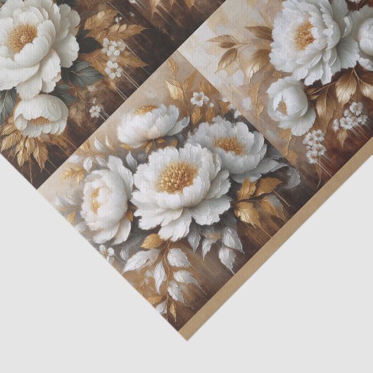 Pioen Wit en Goud Olieverfschilderij Decoupage Tissuepapier (Detail)