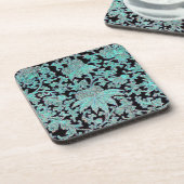 Pioenbloem turkoois zwart  patroon bier onderzetter (Linkerzijde)