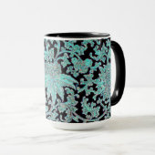 Pioenbloem turkoois zwart  patroon mok (Voorkant rechts)