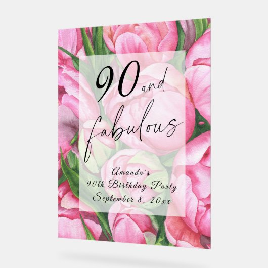 Pioenbloemen 90ste verjaardagsfeest acryl bord (Hoek)