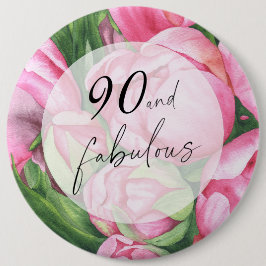 Pioenbloemen 90ste verjaardagsfeest ronde button 6,0 cm