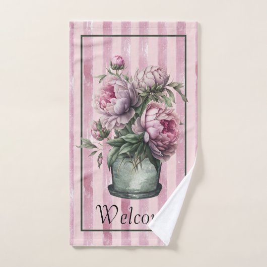 Pioenbloemen in aardewerk met gestreepte achtergro bad handdoek (Handdoek)