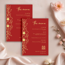 Pioenbloemen Modern Chinees Rood Goud Trouwmenu