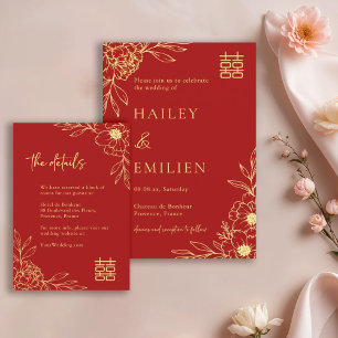 Pioenbloemen Moderne Chinese Rode Huwelijksdetails Kaart