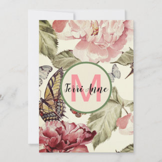 Pioenbloemen & Vlinders met Monogram Plat Bedankkaart