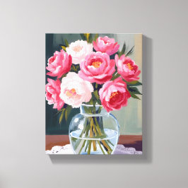 Pioenboeket | Bloemenvase Roze Waterverf Bloemstuk Canvas Afdruk
