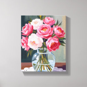 Pioenboeket Bloemenvase Roze Waterverf Bloemstuk Canvas Afdruk