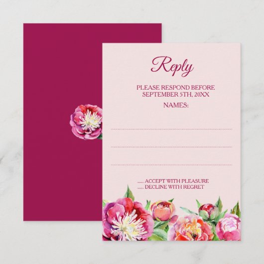  Pioenen Bloemenbruiloft Antwoord Kaarten (Voorkant / Achterkant)