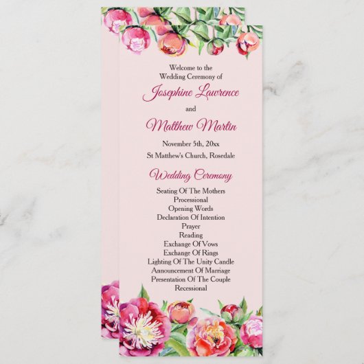  pioenen bloemenbruiloft ceremonie programmakaart (Voorkant / Achterkant)