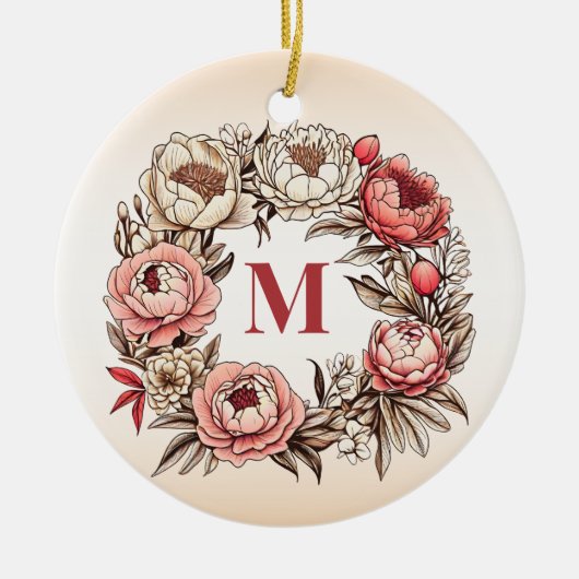 Pioenen Bloemenkrans met gepersonaliseerd monogram Keramisch Ornament (Voorkant)