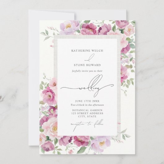 Pioenen Botanische Bloemen Elegante Tuin Huwelijk Kaart (Voorkant)