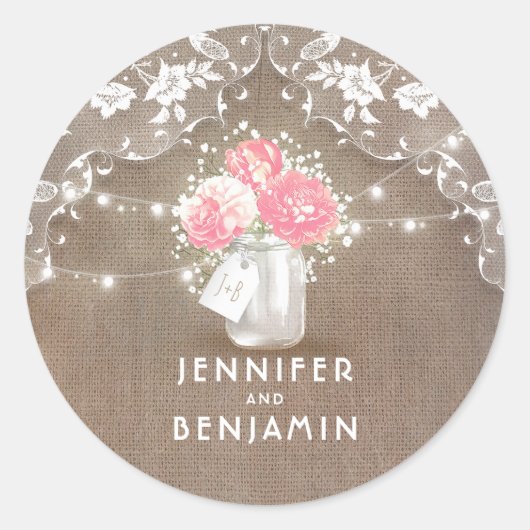 Pioenen en Baby's Breath Mason Jar Rustieke Kant Ronde Sticker (Voorkant)
