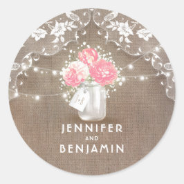 Pioenen en Baby's Breath Mason Jar Rustieke Kant Ronde Sticker