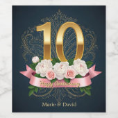 Pioenen en filigraan gouden 10e bruiloft Jubileum Wijn Etiket (Enkel label)