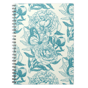 Pioenen en vlinders blokdruk, lagune Blauw a Notitieboek