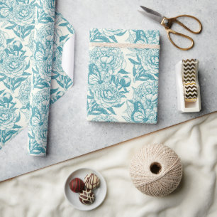 pioenen en vlinders blokdruk, lagune blauw cadeaupapier