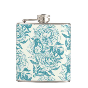 pioenen en vlinders blokdruk, lagune blauw heupfles