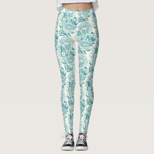 pioenen en vlinders blokdruk, lagune blauw leggings