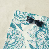 pioenen en vlinders blokdruk, lagune blauw strandlaken (In situ)