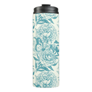 pioenen en vlinders blokdruk, lagune blauw thermosbeker