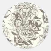 Pioenen en vlinders blokkeren print, aantal aan ui ronde sticker (Voorkant)