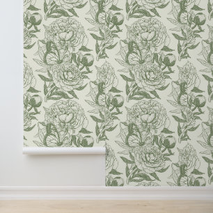 Pioenen en vlinders blokkeren print, salie en groe behang