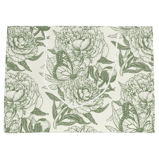 Pioenen en vlinders blokkeren print, salie en groe groot cadeauzakje (Voorkant)