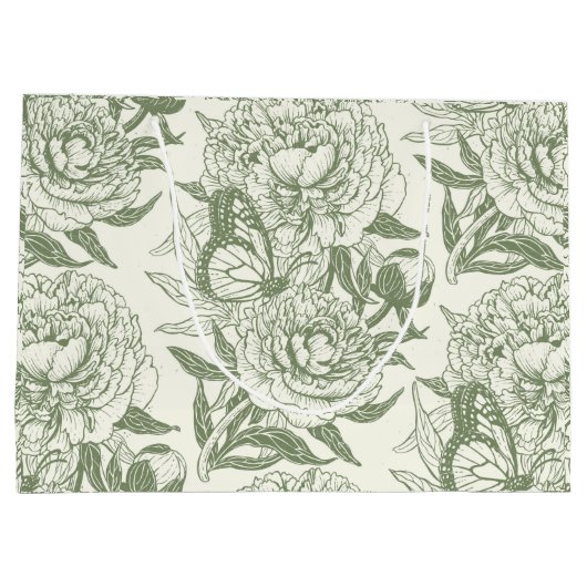 Pioenen en vlinders blokkeren print, salie en groe groot cadeauzakje (Achterkant)