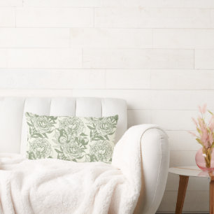 Pioenen en vlinders blokkeren print, salie en groe kussen