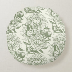 Pioenen en vlinders blokkeren print, salie en groe rond kussen