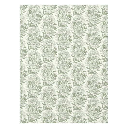 Pioenen en vlinders blokkeren print, salie en groe tafelkleed (Voorkant)