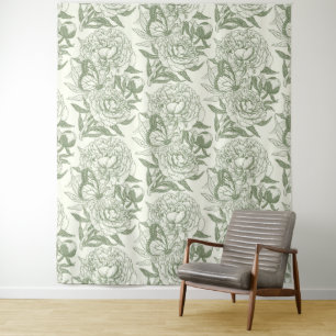 Pioenen en vlinders blokkeren print, salie en groe wandkleed