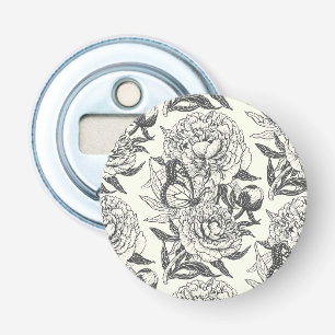 Pioenen en vlinders blokkeren print, zwart en wit button flesopener