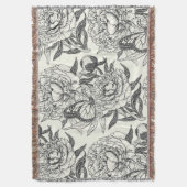 Pioenen en vlinders blokkeren print, zwart en wit deken (Voorkant Verticaal)