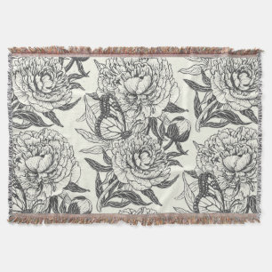 Pioenen en vlinders blokkeren print, zwart en wit deken