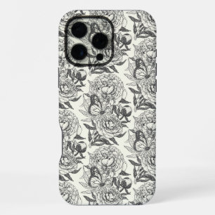 Pioenen en vlinders blokkeren print, zwart en wit iPhone 16 pro max hoesje