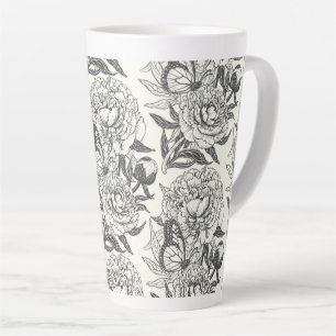 Pioenen en vlinders blokkeren print, zwart en wit latte mok