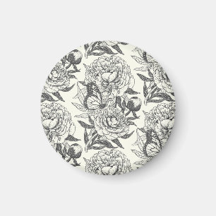 Pioenen en vlinders blokkeren print, zwart en wit magneet