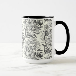 Pioenen en vlinders blokkeren print, zwart en wit mok