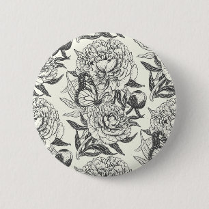 Pioenen en vlinders blokkeren print, zwart en wit ronde button 5,7 cm