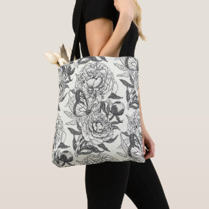 Pioenen en vlinders blokkeren print, zwart en wit tote bag