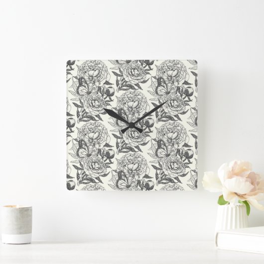 Pioenen en vlinders blokkeren print, zwart en wit vierkante klok (Huis)